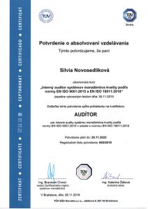 Certifikát - Silvia Novosedlíková - interný auditor systémov manažérstva kvality