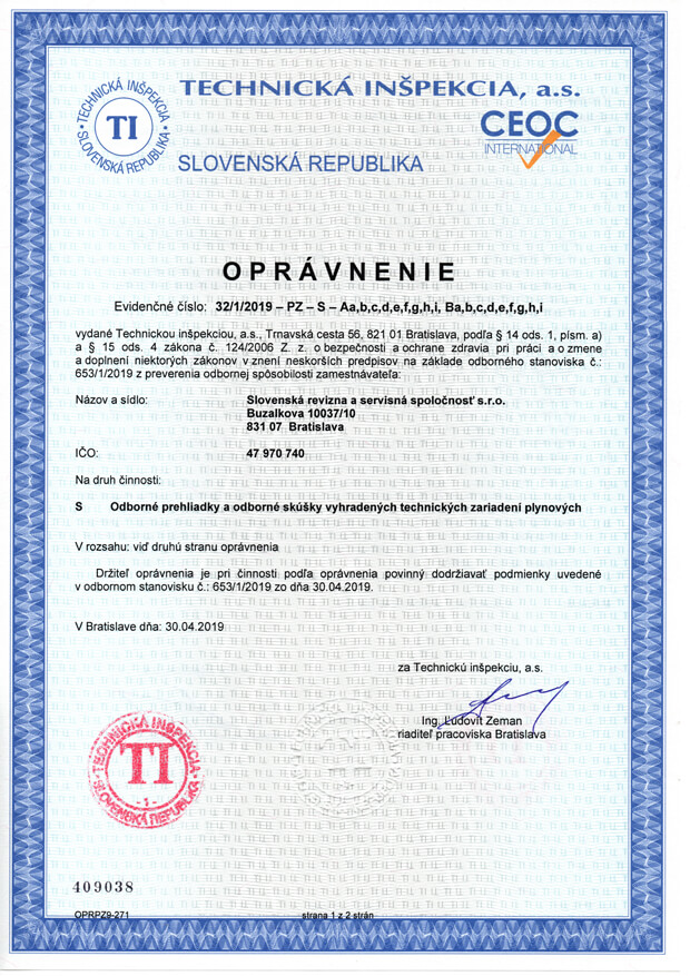 Certifikát - oprávnenie vykonávať revízie plynových zariadení