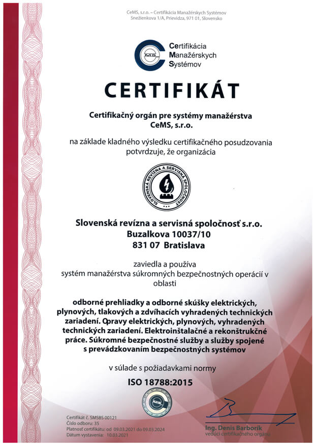 Certifikát kvality pre strážnu a bezpečnostnú službu