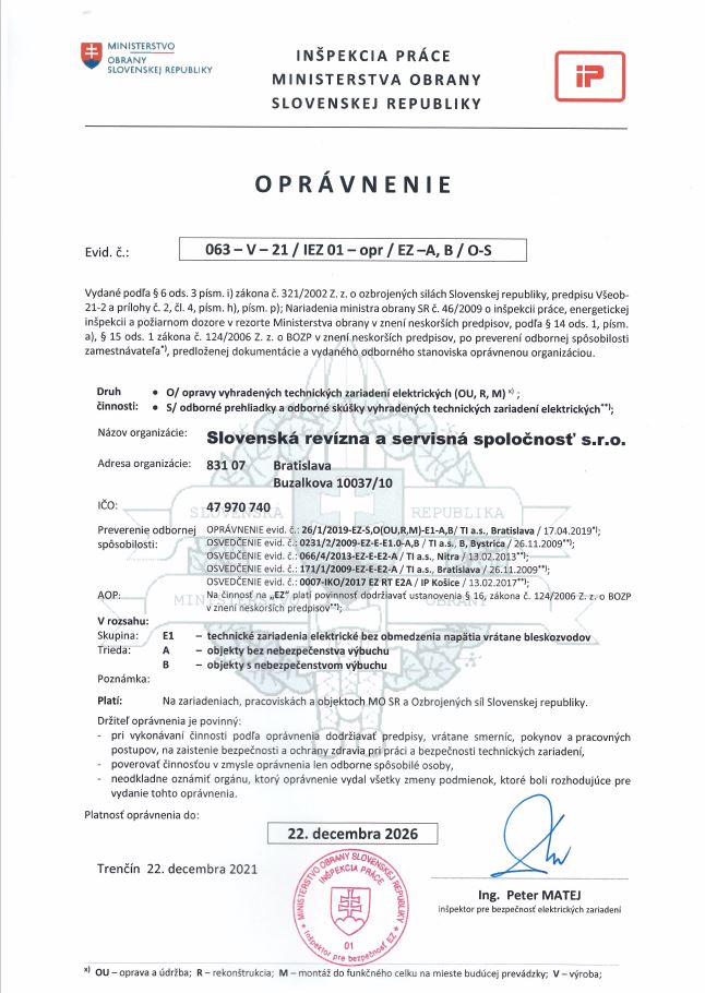 Certifikát Ministerstva obrany SR