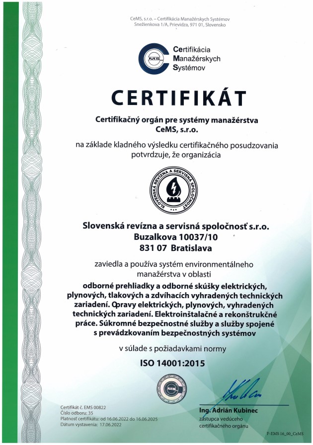 Certifikát kvality ISO 14001 | srss.sk